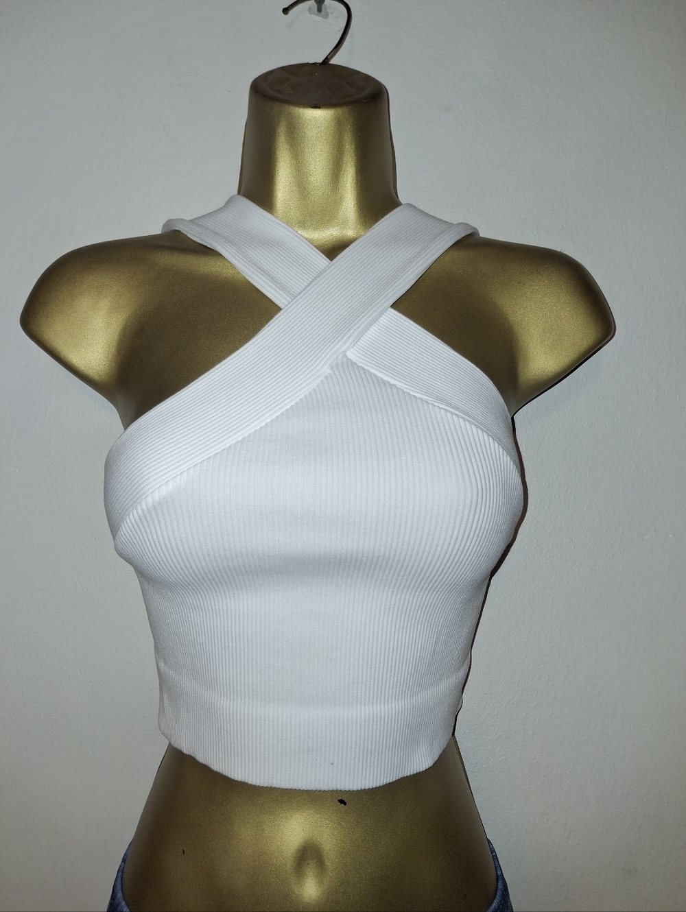 White Ribbed Cross-Strap Crop Top
